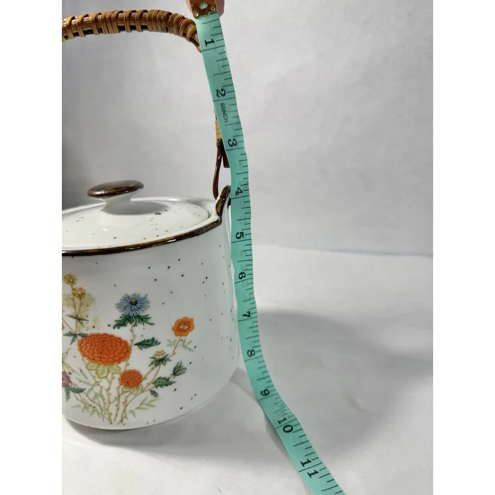 Vintage Speckled Ceramic Teapot Bamboo Handle Hand Painted Flowers Japan